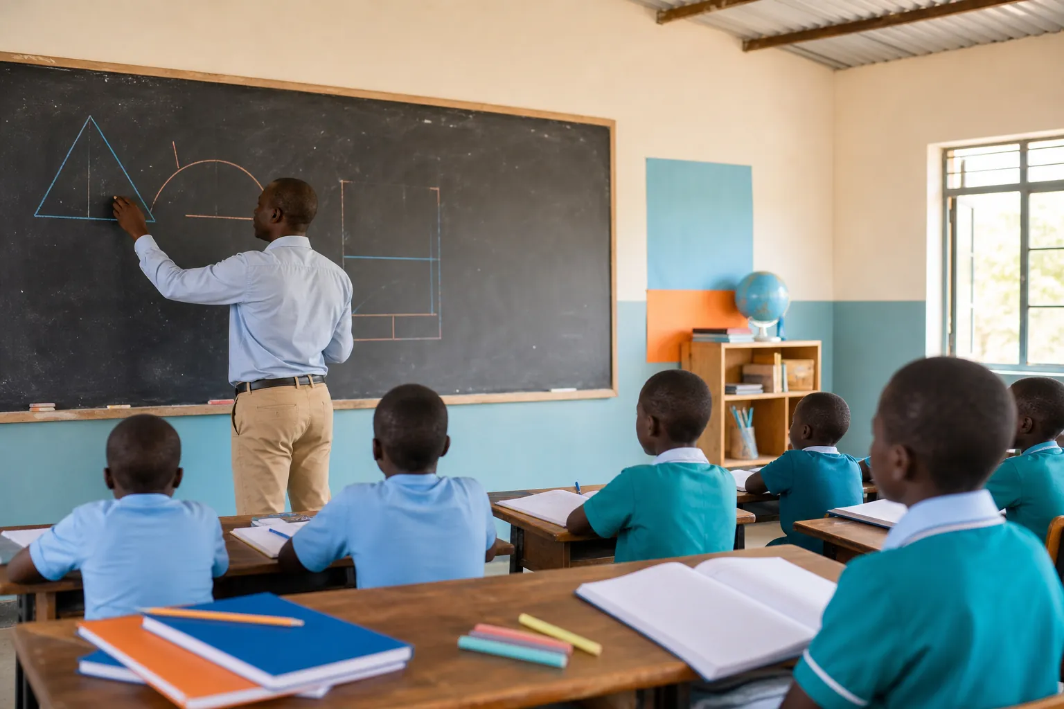 Pupils writing in exercise books in a classroom