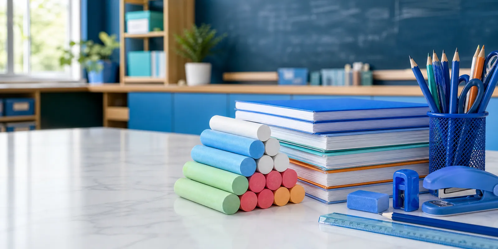 Chalk, books and stationery on a desk