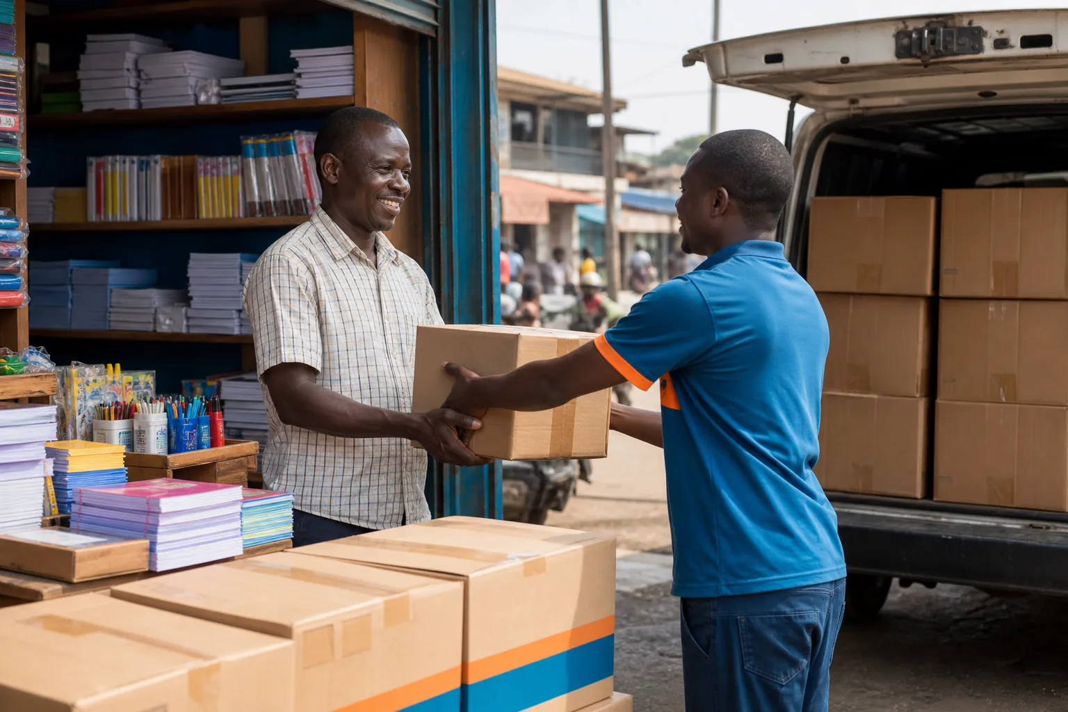 Cartons of scholastic materials being delivered to a shop