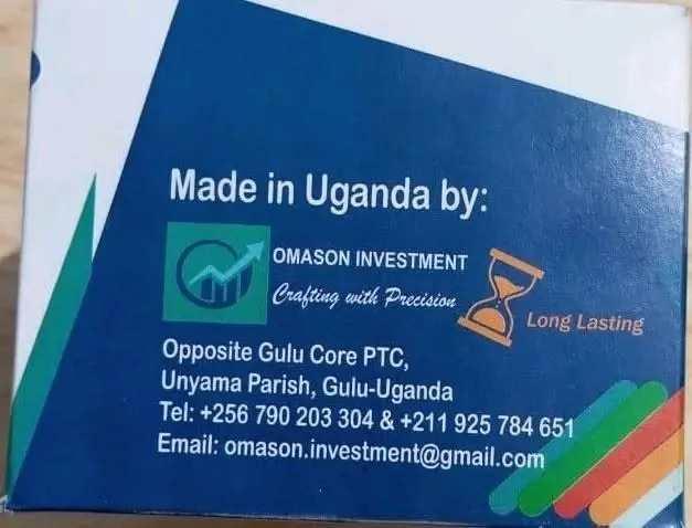 Omason chalk box label: Made in Uganda by Omason Investment